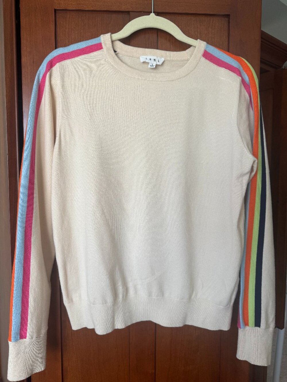 Crewneck Knit Sweater with Stripe Sleeve Detail
